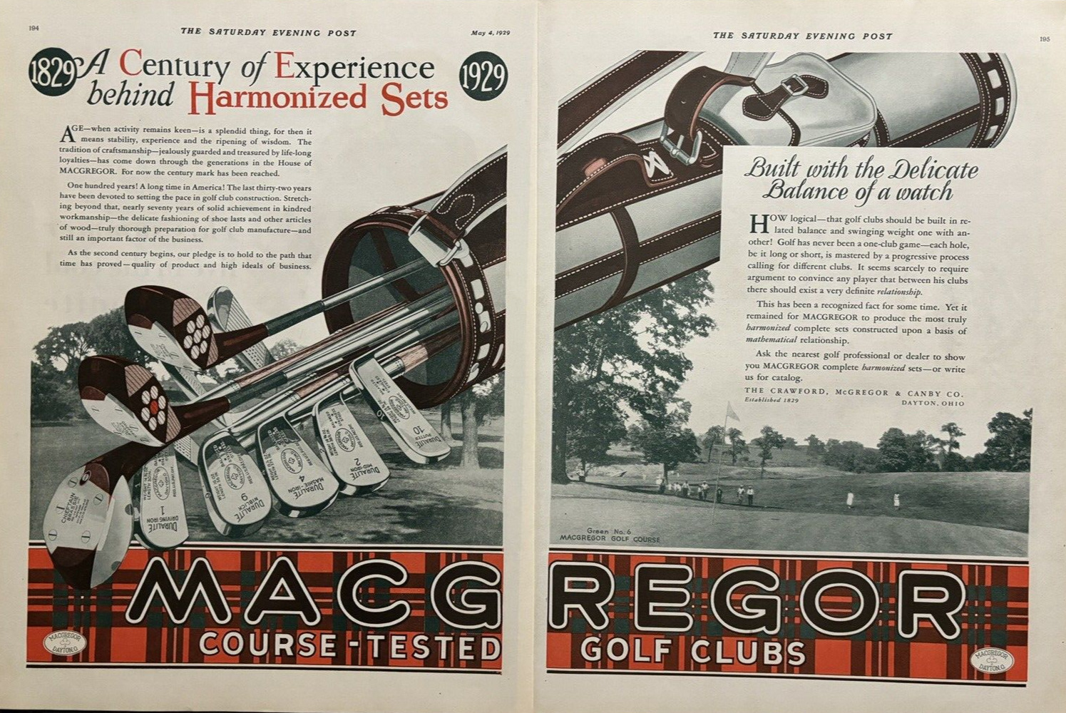 MACGREGOR GOLF CLUBS ESTABLISHED 1829 DAYTON, OHIO 2 PAGE VINTAGE PRINT AD 1929.