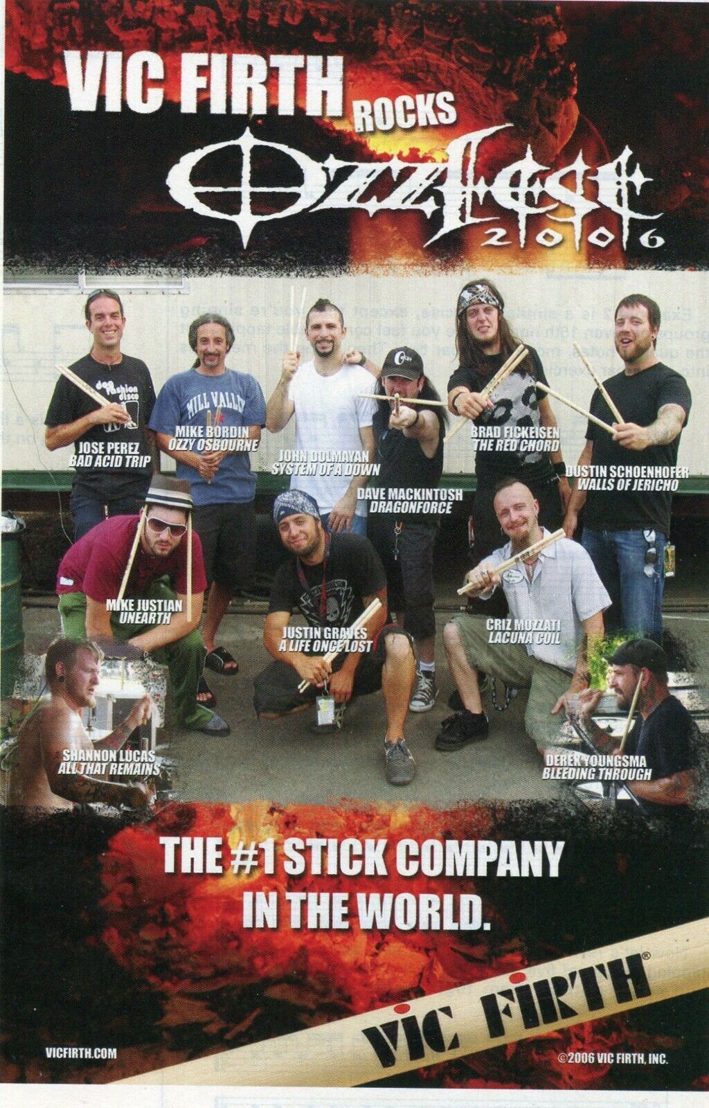 2006 small Print Ad Vic Firth Drumsticks Ozzfest 2006 Mike Bordin, John Dolmayan