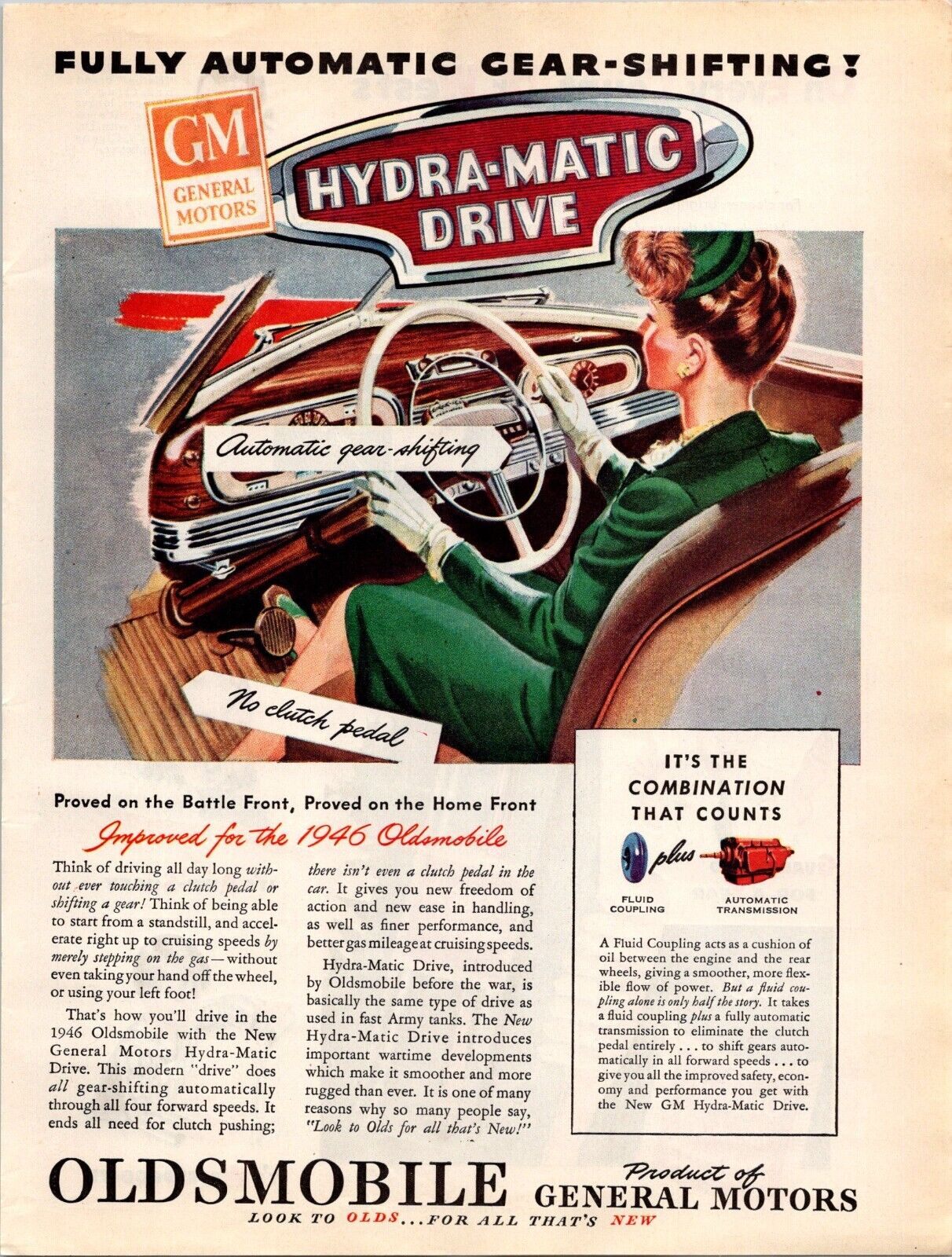 VINTAGE 1945 1946 OLDSMOBILE GM HYDRA-MATIC DRIVE NO CLUTCH PRINT AD