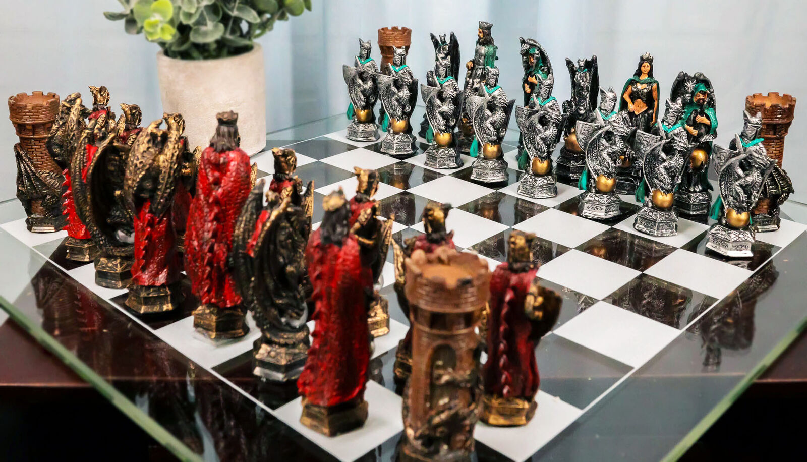 Ebros King Arthur Morgan Merlin Dragons Hand Painted Chess Pieces Glass Board