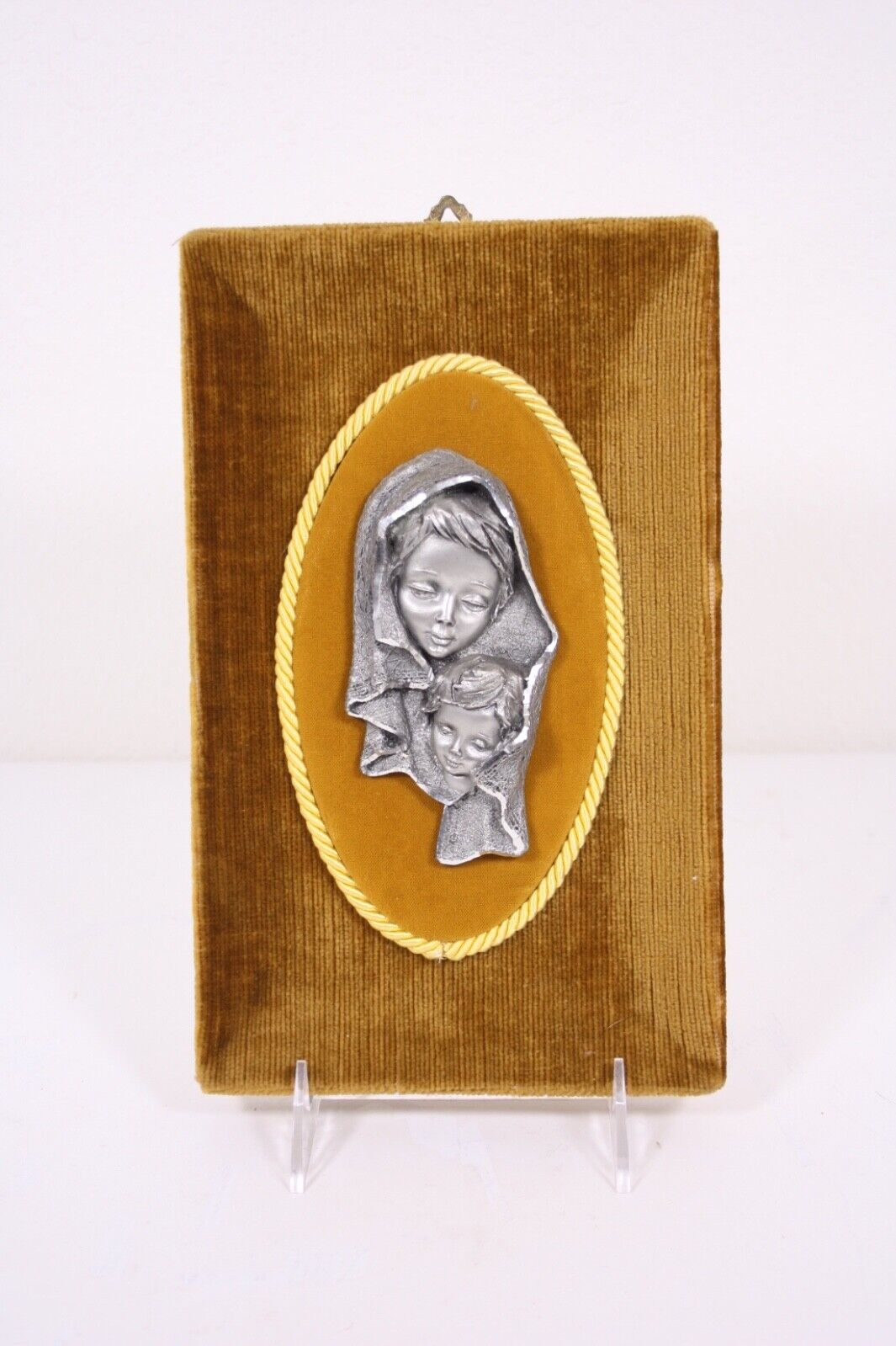 Mid Century Mod Rare 10” Gold Velvet Cut Pewter Mother Child Plaque
