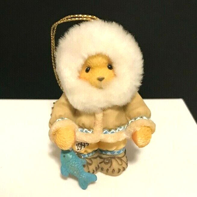 Vintage 1999 Enesco Cherished Teddy Eskimo w/ Fish Collectible Holiday Ornament