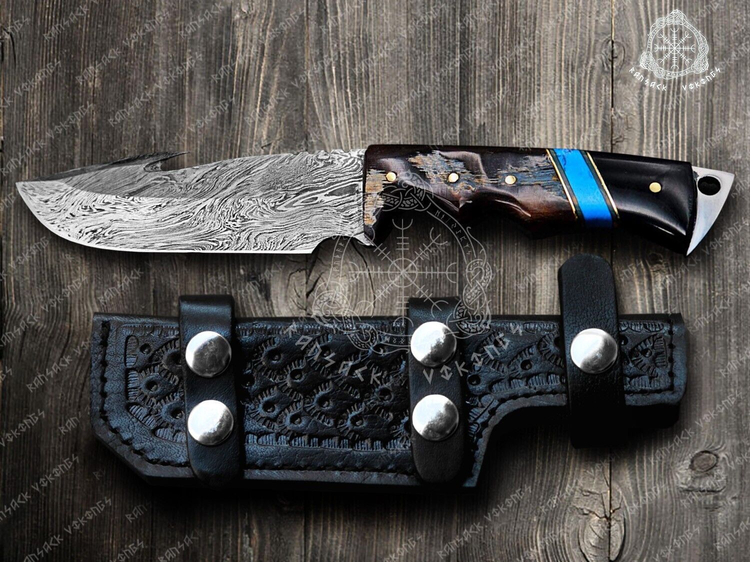 Damascus Gut Hook Hunting Knife, Camping Knife with Leather Sheath, Hand forged