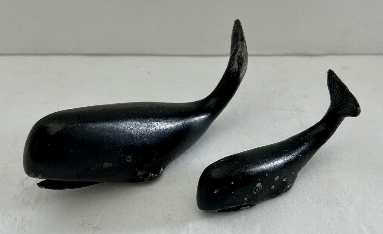 2 Small Cast Metal Sperm Whale Paperweights / Nautical Beach Home Desk Decor