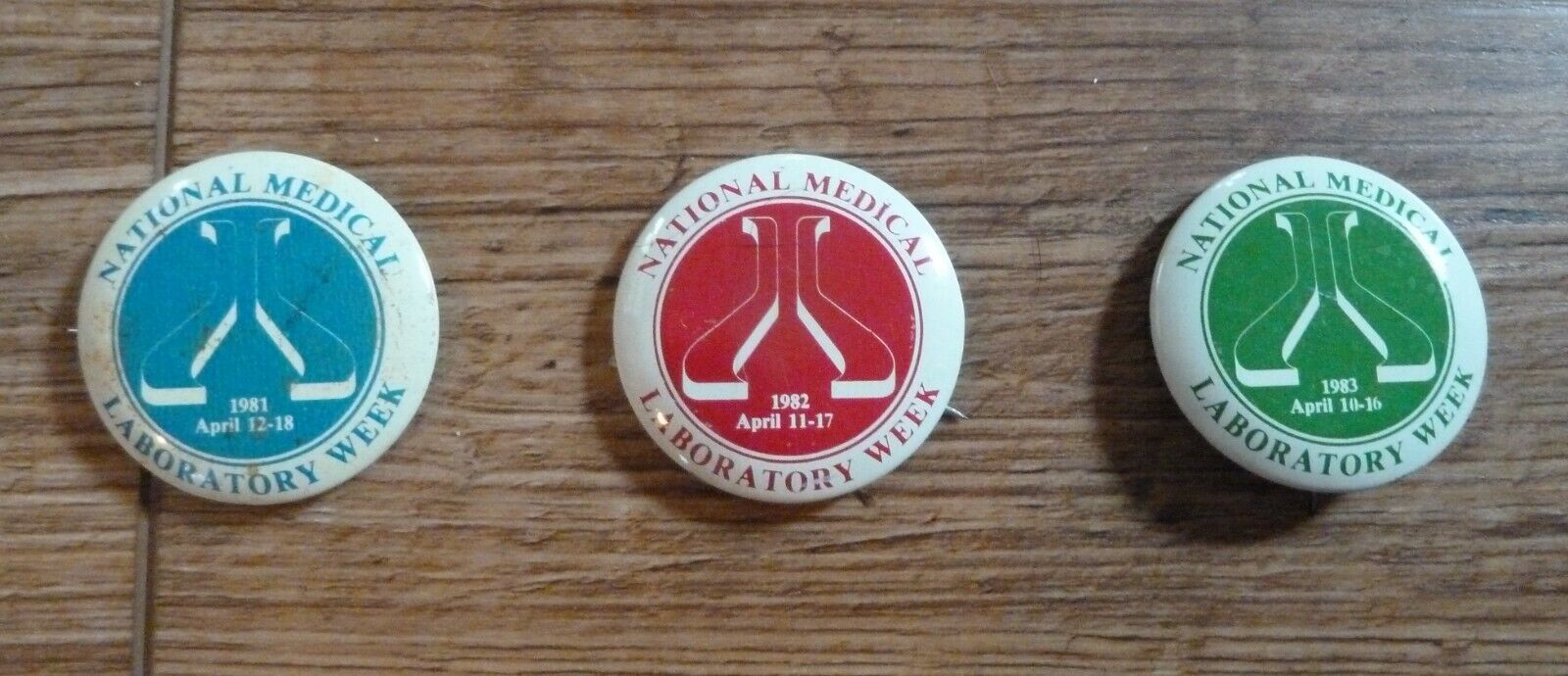 3 Vintage Pinback Buttons ** NATIONAL MEDICAL LABORATORY WEEK * 1981, 1982, 1983