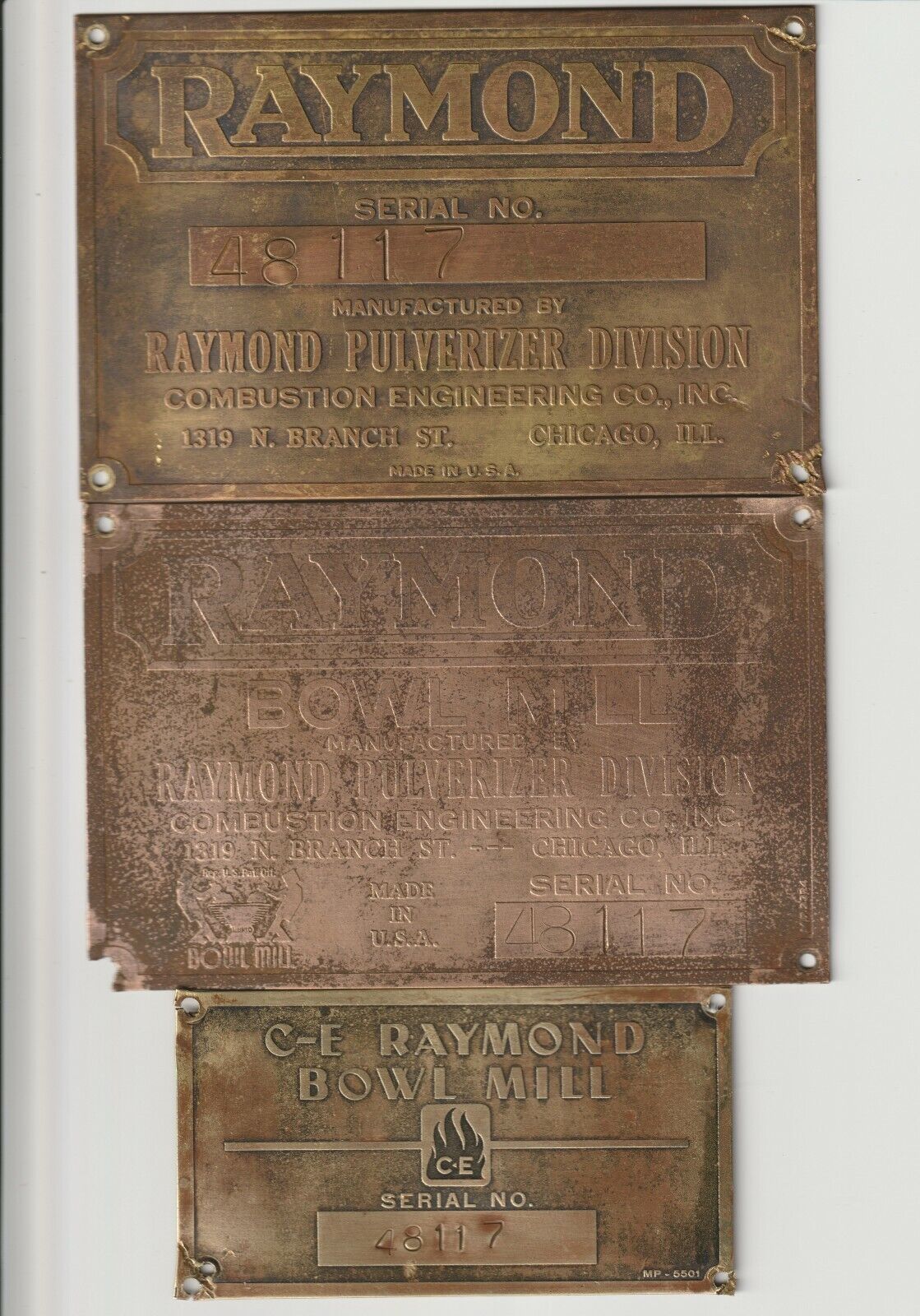 Salvaged Raymond Pulverizer N Branch St Chicago Illinois Qty 3 Brass Badge 48117
