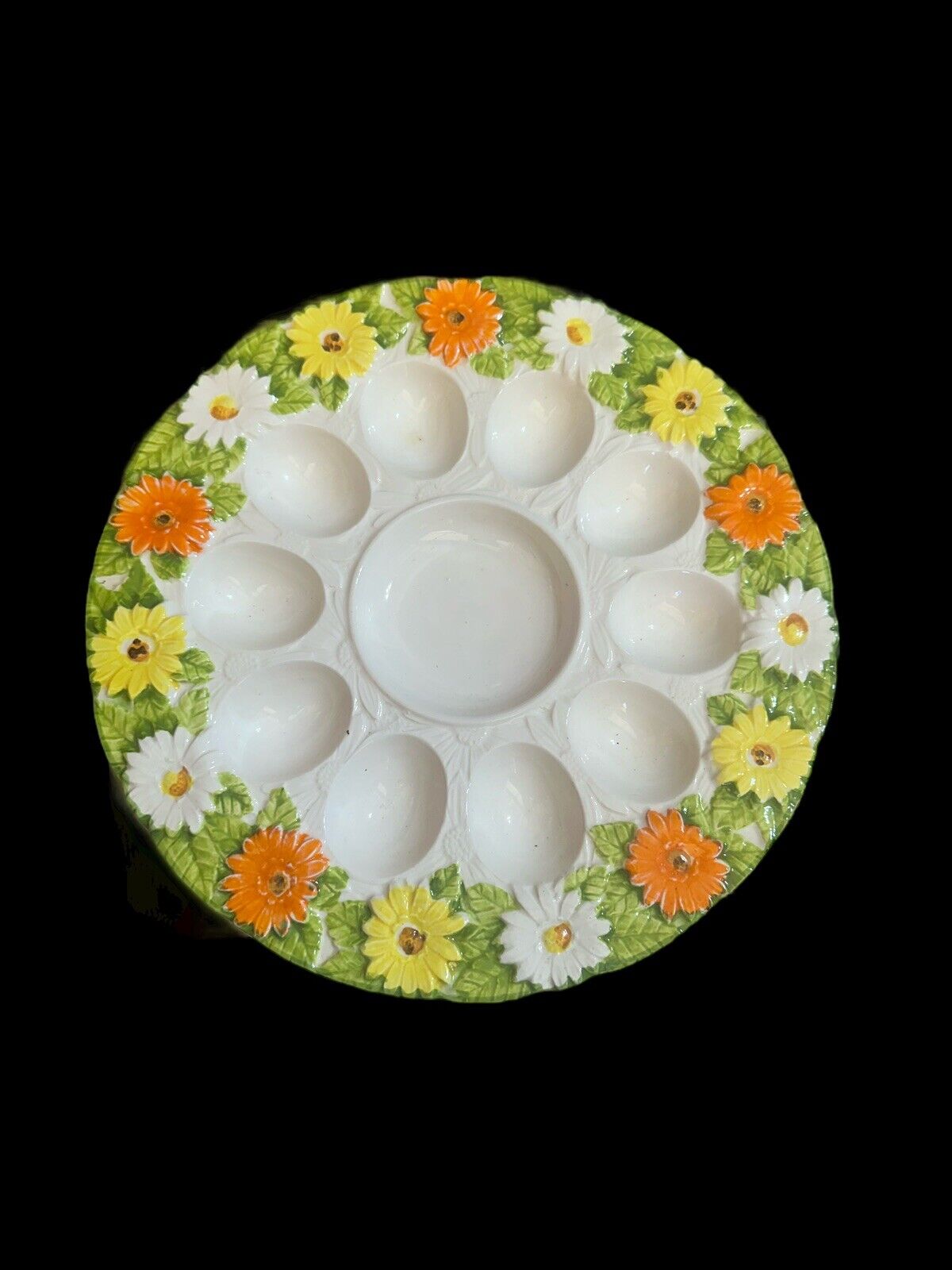 Vintage Lefton Deviled Egg Tray White,Orange,Yellow Details Ceramic Original Tag