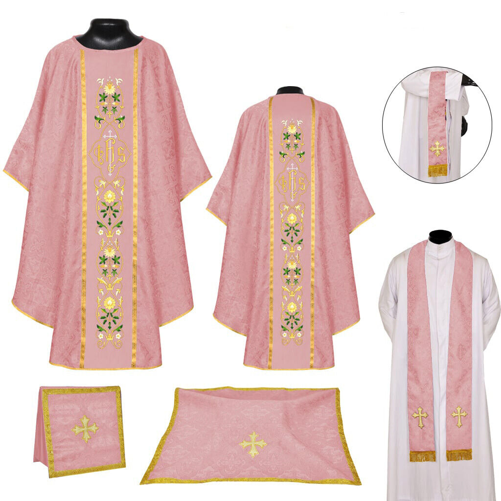 Priest Pastor ROSE Gothic Chasuble & Mass Set - Embroidered Eucharistic Design