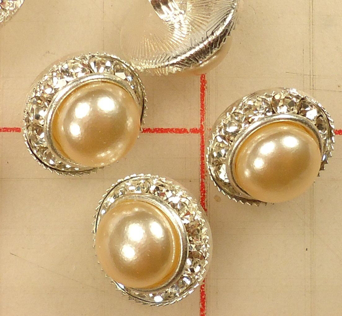 144 Medium Vintage Czech Rhinestone Buttons Silver Metal Pearl5/8\