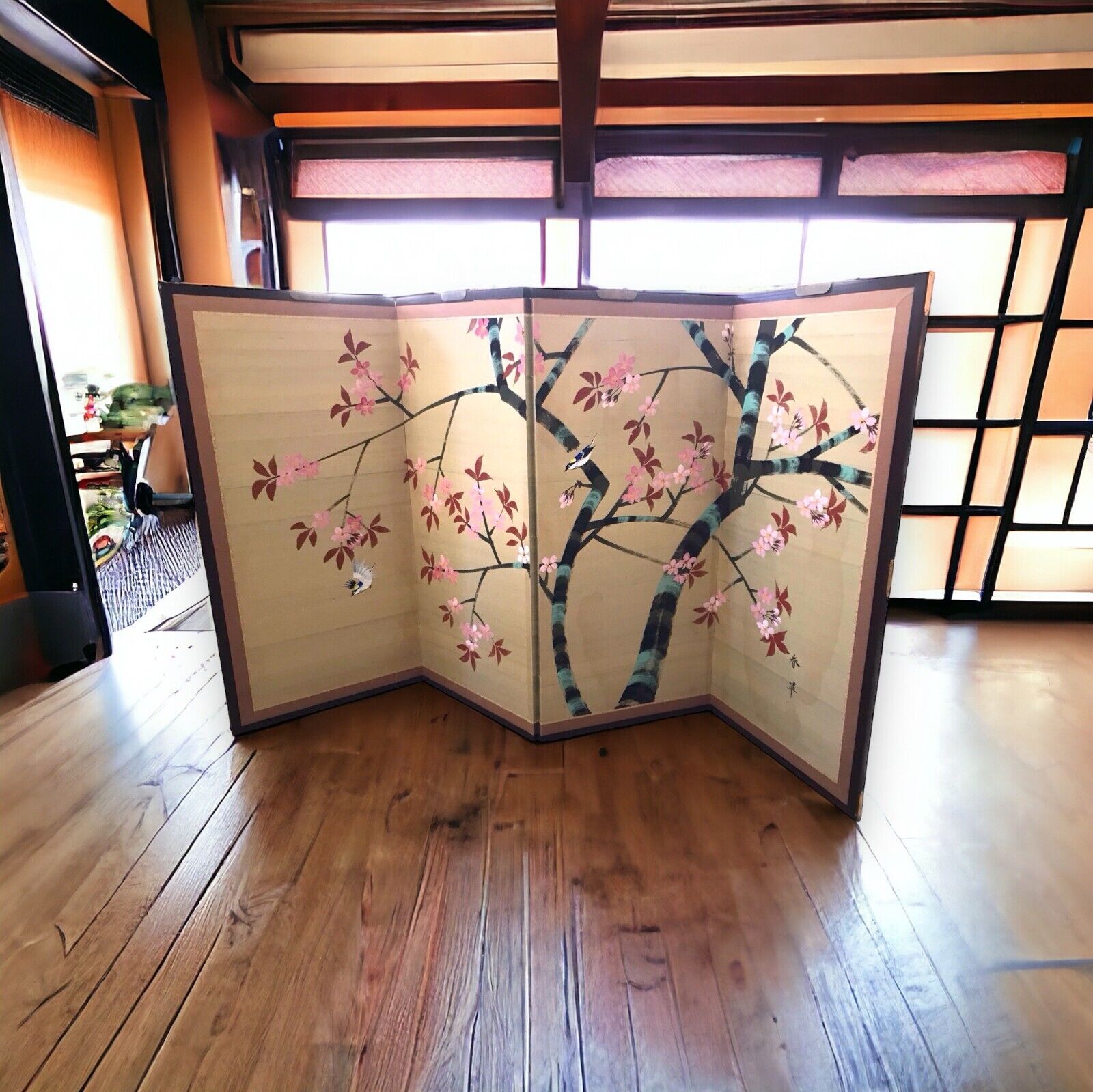 Vintage Japanese 4-Panel Folding Byobu Hand Painted Silk Screen Signed Asian Art