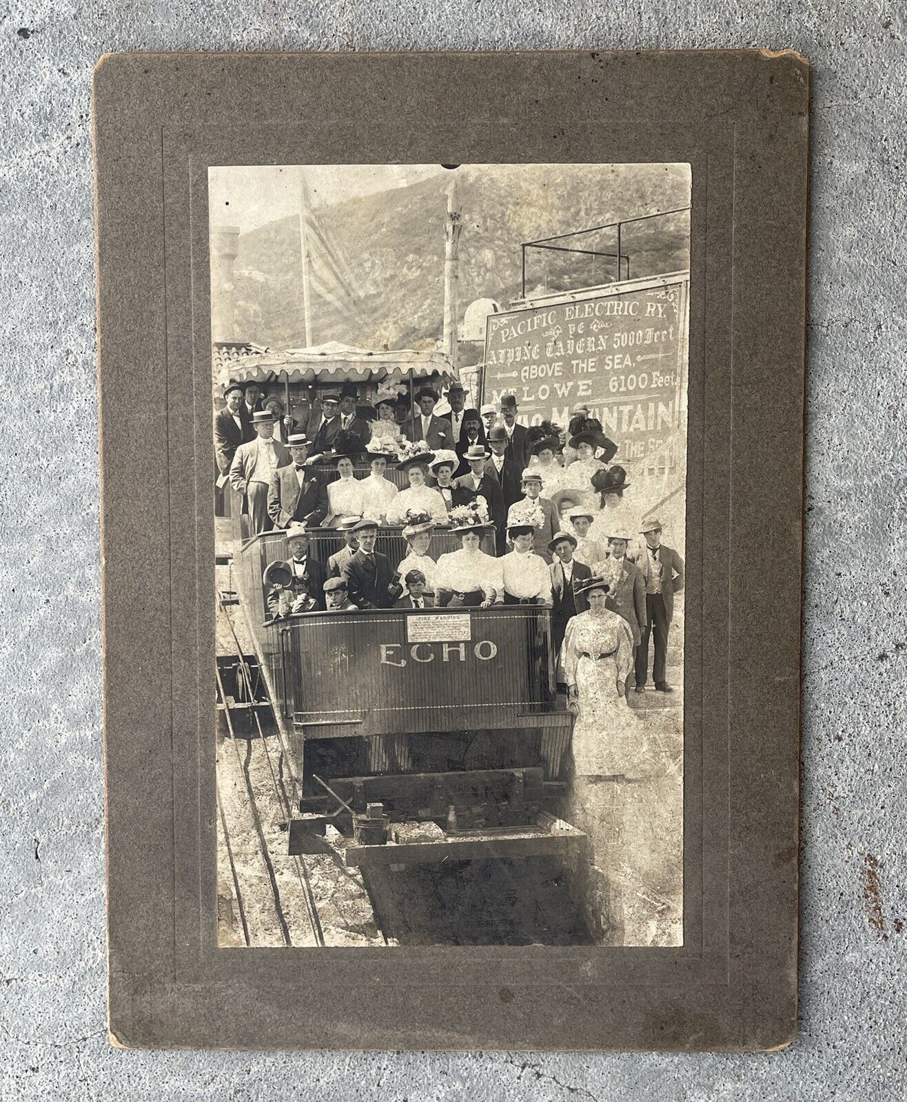 Antique Pacific Electric Railway Mt. Lowe Cable Car Cabinet Photo with Sign
