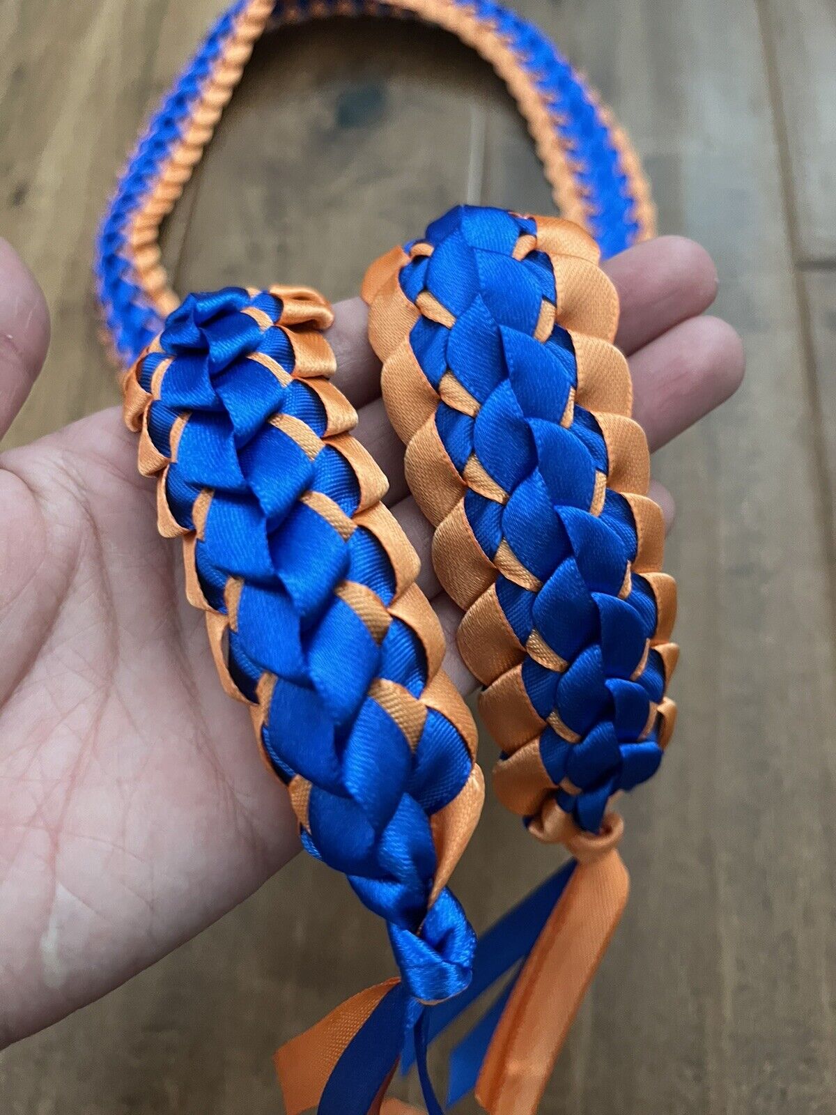 Orange & Royal Blue Satin Ribbon Graduation Open Lei (Custom orders available)
