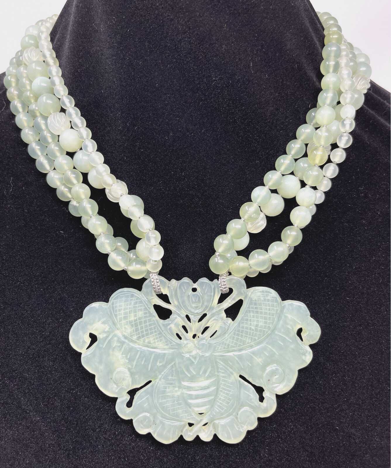 Chinese Jadeite Moth Pendant Necklace Silk Cord