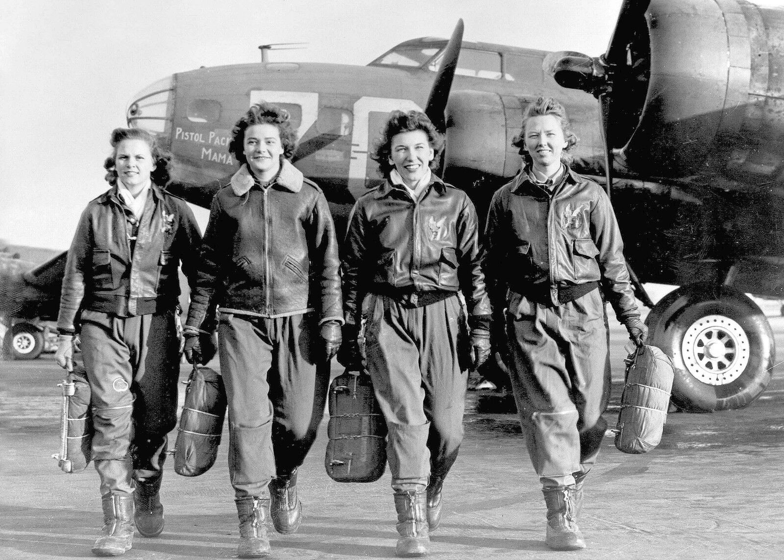 1942-Four Female Pilots Leaving their B-17 Flying Fortress Pistol Packin' Mama