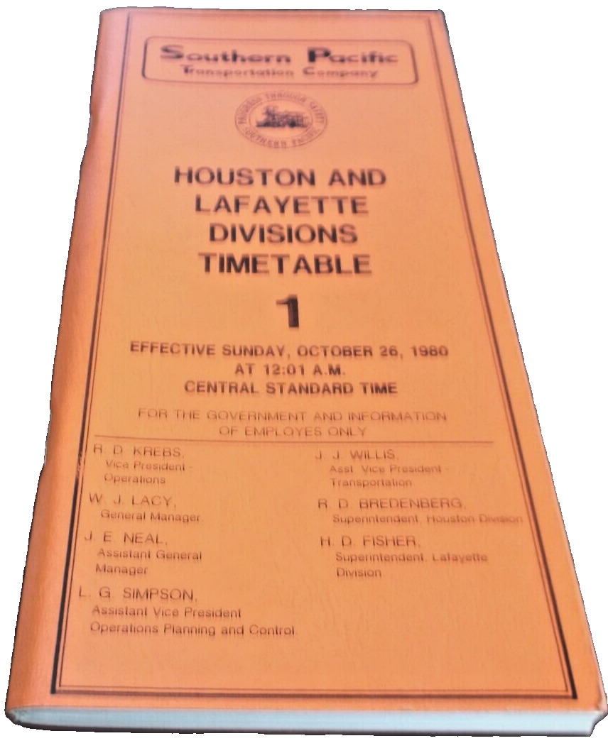 OCTOBER 1980 SOUTHERN PACIFIC HOUSTON LAFAYETTE DIVISION EMPLOYEE TIMETABLE #1