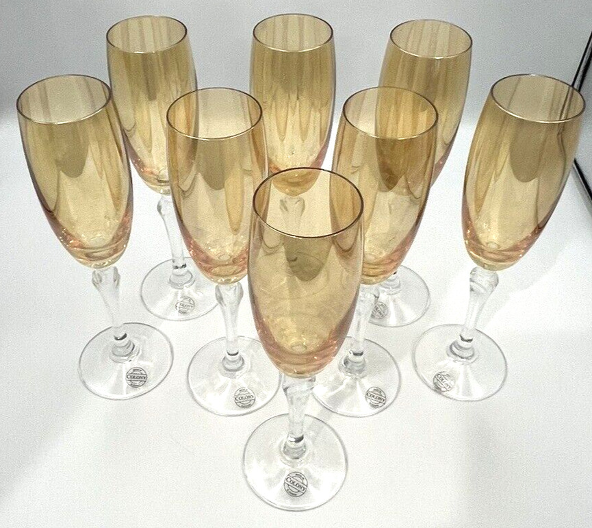 8 Colony Amber Crystal Champagne Flutes Bohemian Czech Slovakia Stemware Glasses