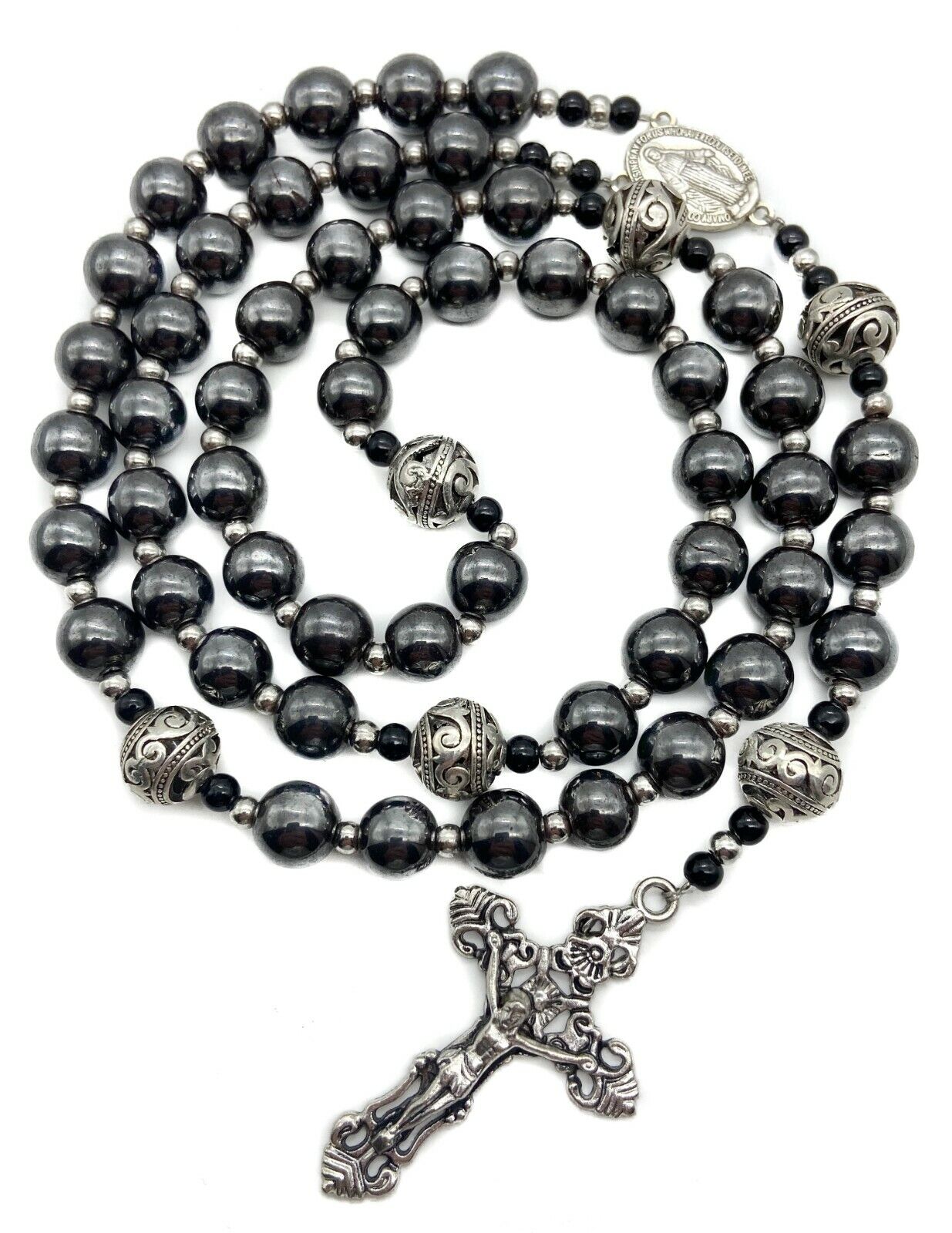Hematite Rosary Black Stone Beads Metal Beaded Necklace Mary Miraculous Medal