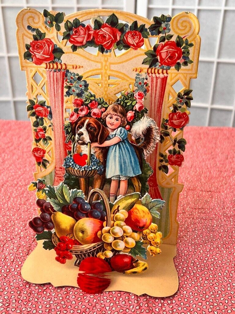 Vintage Valentine 3D Fold Out Girl St Bernard Germany Lovely Antique Valentine