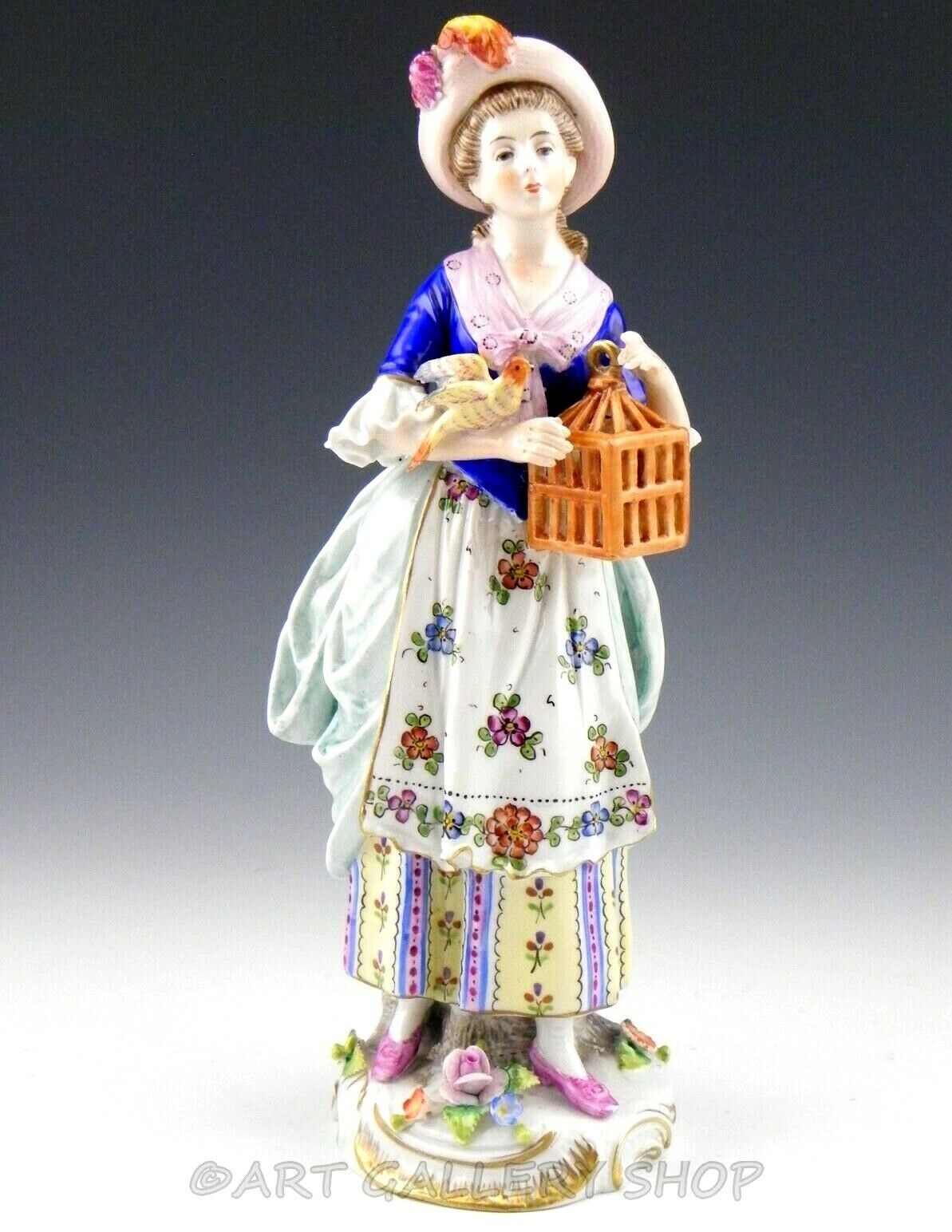 Antique Sitzendorf Germany Porcelain Figurine HANDPAINTED LADY WOMAN & BIRD CAGE