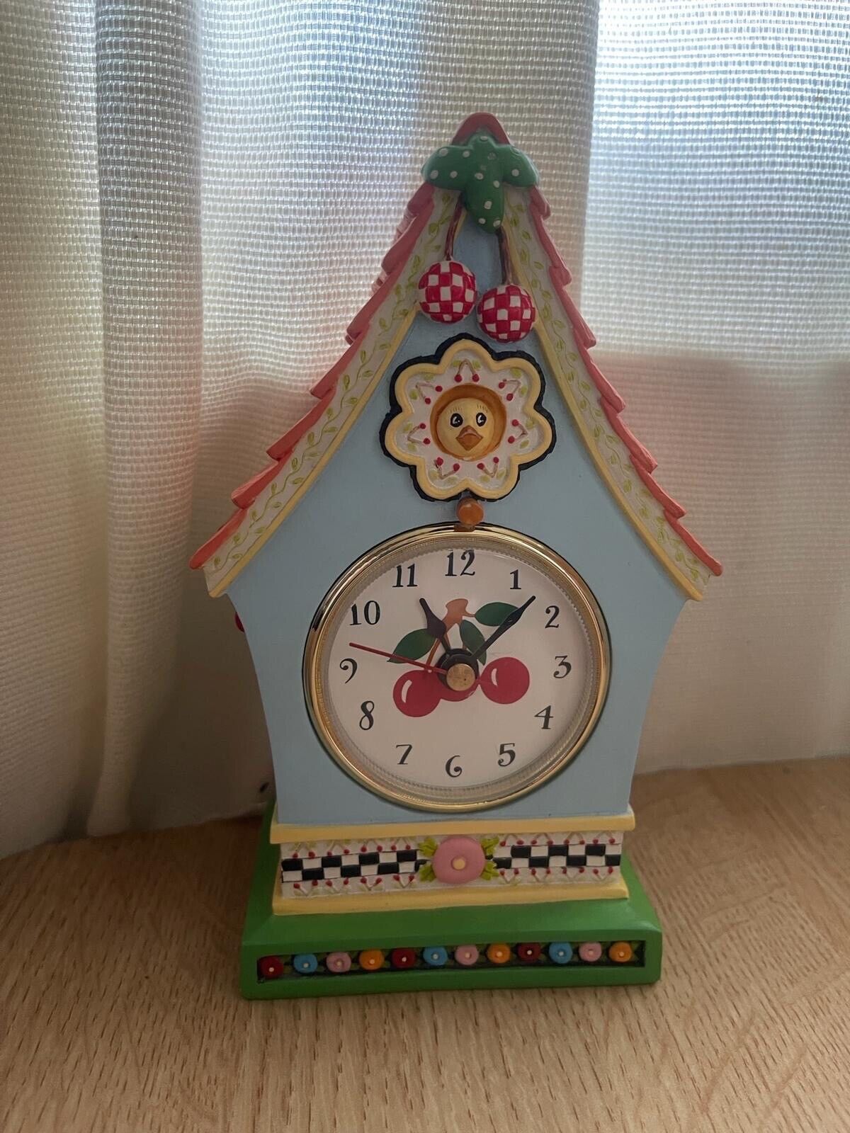 Rare 2000 Mary Engelbreit Cottage Birdhouse Yellow Bird Whimsical Cherries Clock