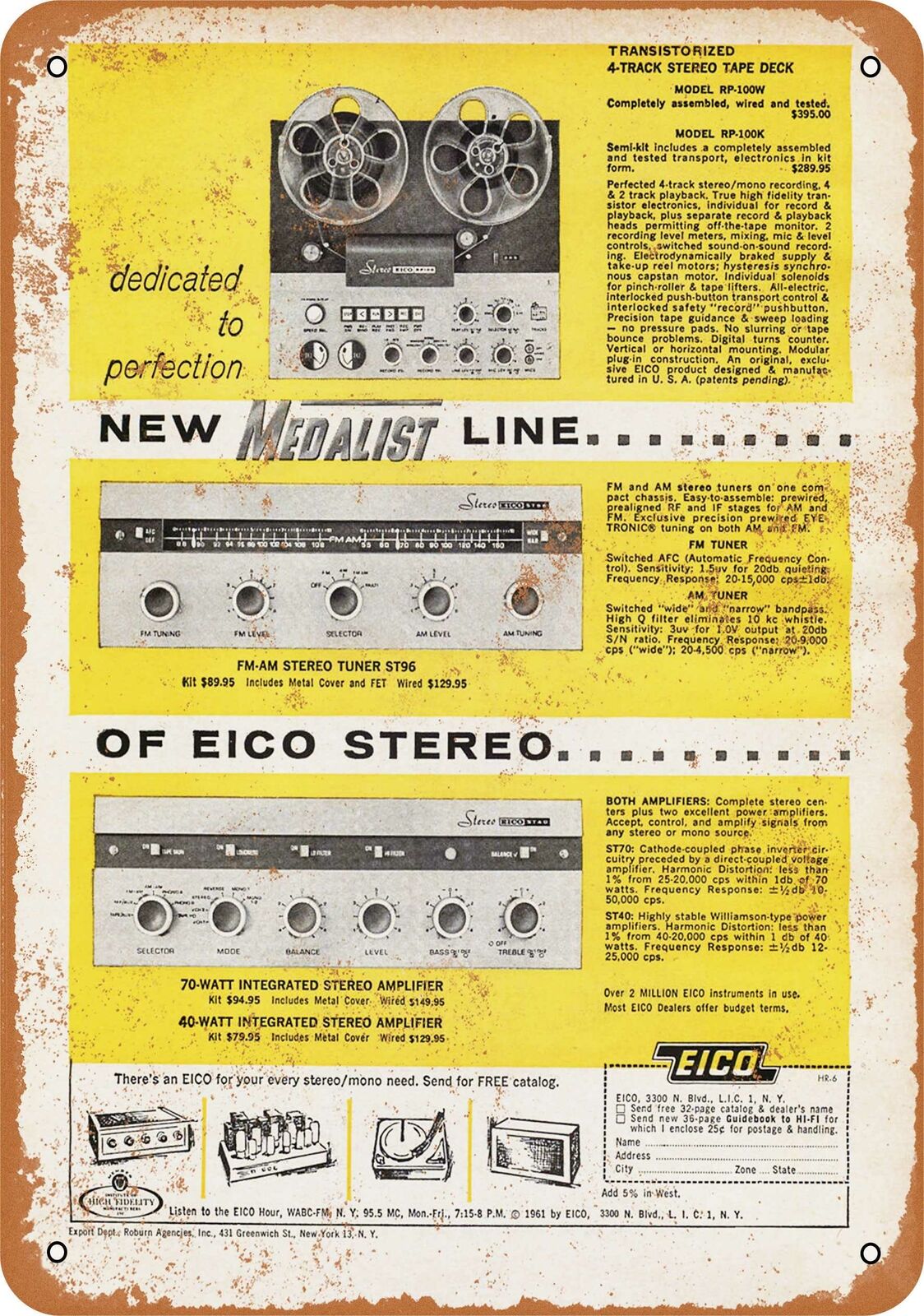 Metal Sign - 1961 Eico Stereo Equipment - Vintage Look Reproduction