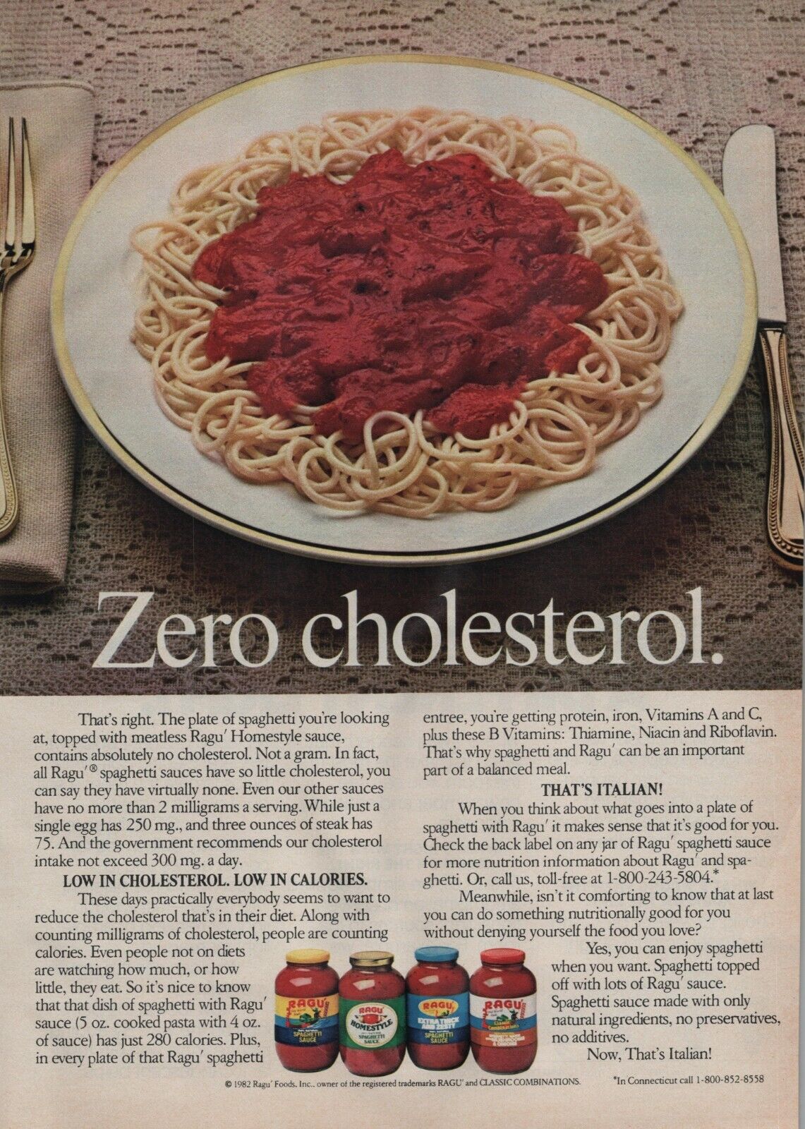 1982 Ragu Spaghetti Sauce Vintage Print Ad No Cholesterol Place Setting Italian