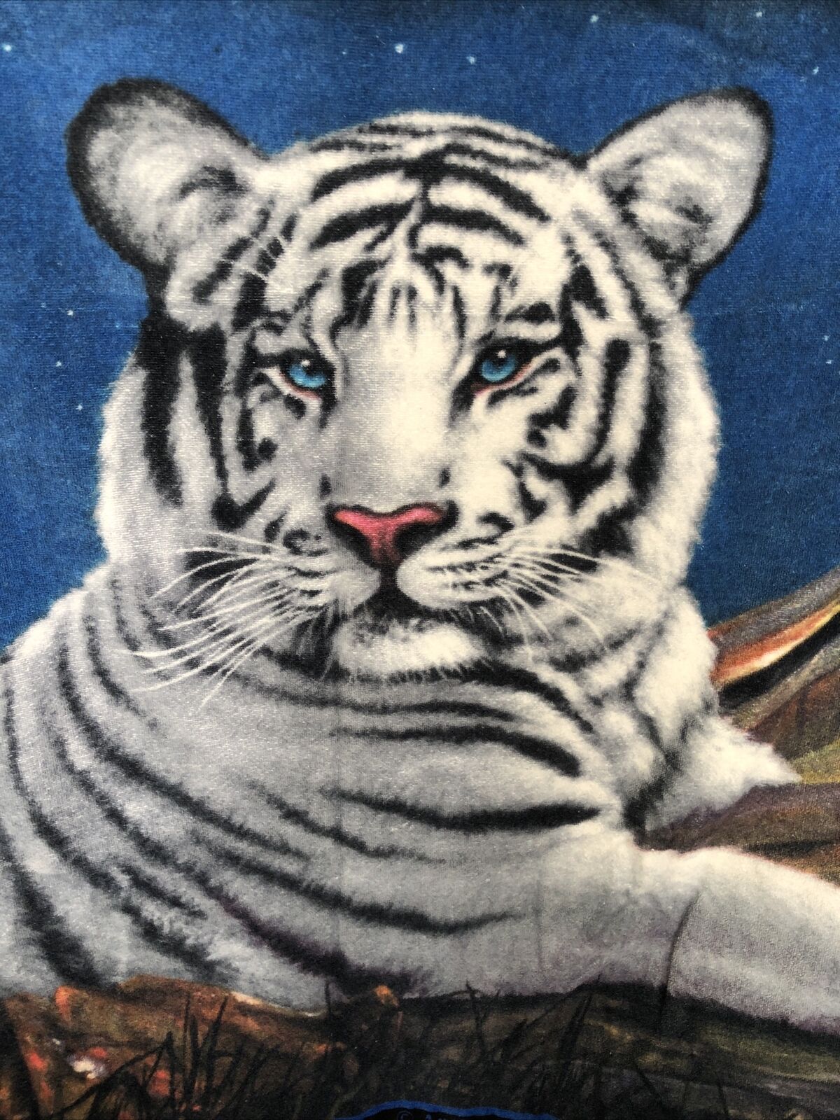 XL Vintage Beach Towel A. Casay White Tiger Black Blue Cosmic Background 38x64