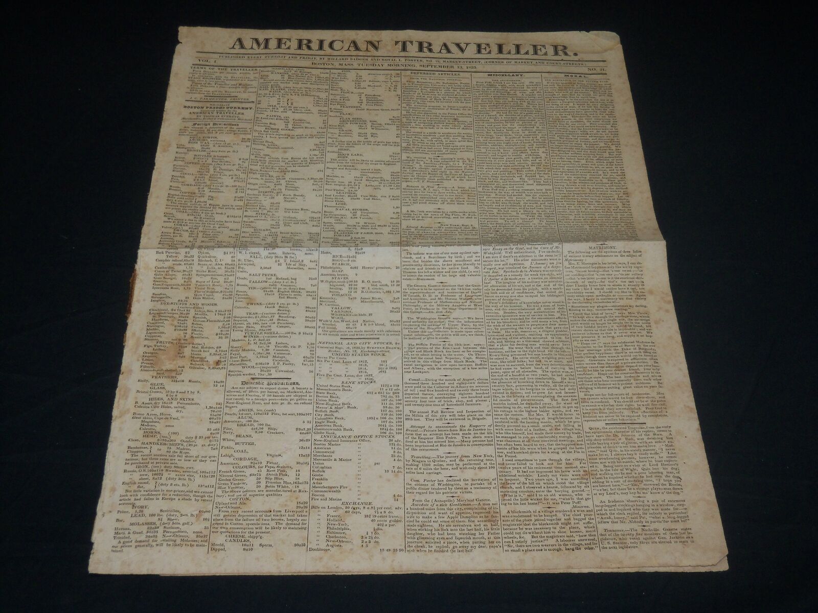 1825 SEPTEMBER 13 AMERICAN TRAVELLER NEWSPAPER - WILLIAMS - BROWNS - NP 4831
