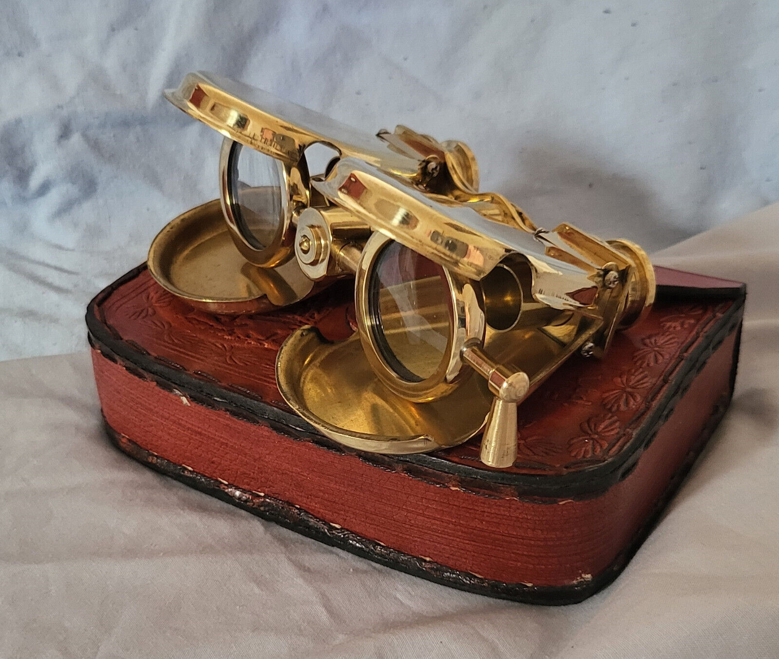 Gold Folding Binoculars Vintage Antique Leather Case II London Old World War I