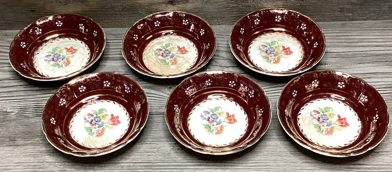 1930’s Crown Pottery Tams Lot 6x Maroon w Gold Leaf Overlay Floral Dessert Bowls
