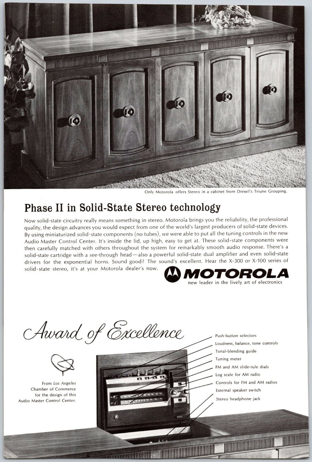 1966 Motorola Solid State Stereo Phase II Auto Master Control Center Print Ad