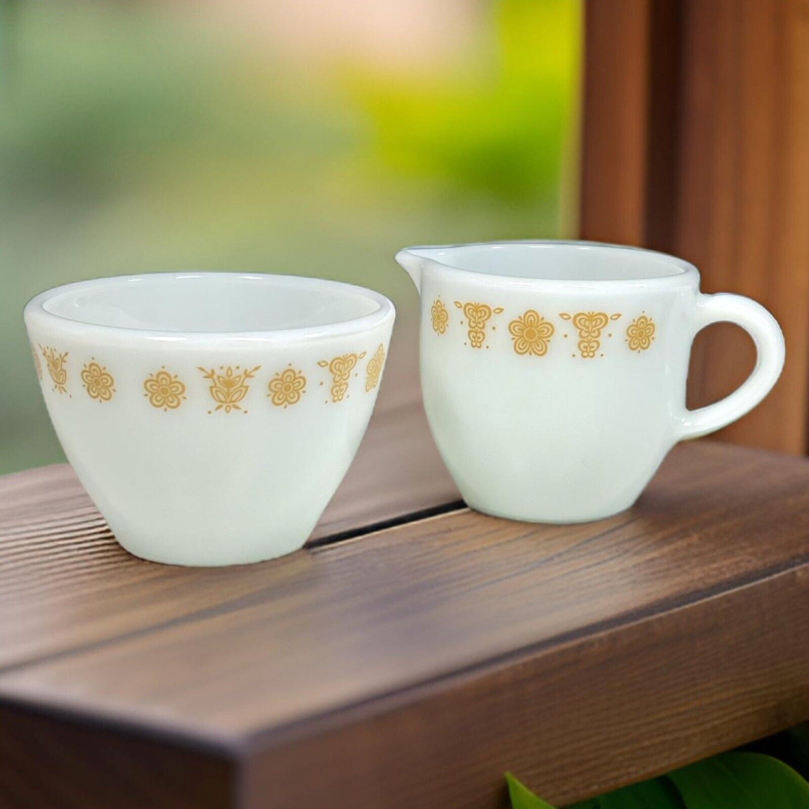 Vintage Pyrex Corning Butterfly Gold Milk Glass Creamer and Open Sugar Set of 2