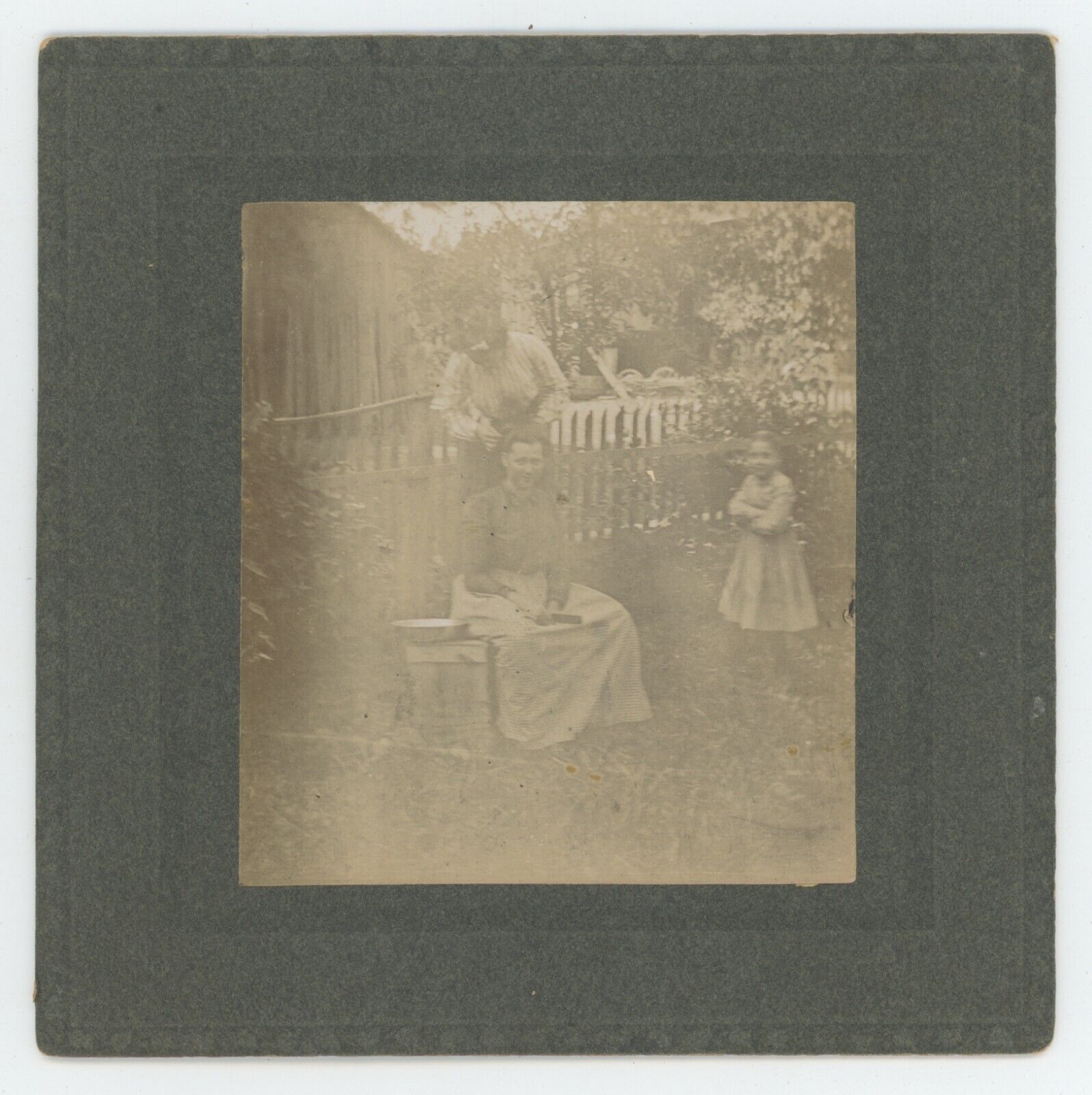 Antique c1890s Rare 5X5 ID'd Cabinet Card Of Woman Getting a Haircut Outside