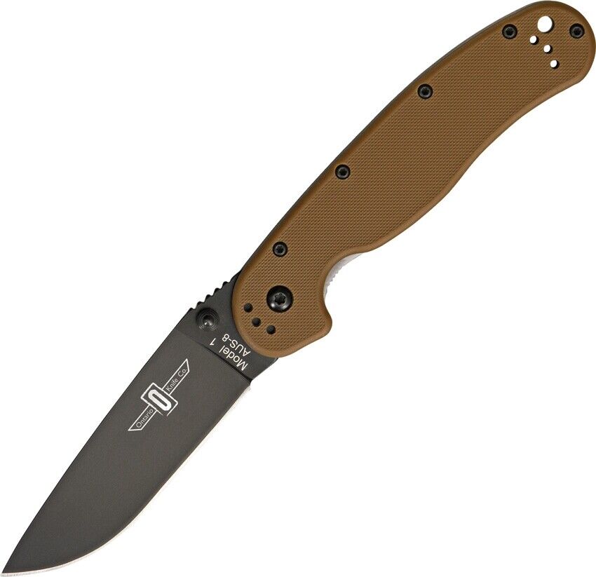 Ontario RAT-1 Folding Knife Black Plain edge Coyote Brown Nylon Handle  8846 CB