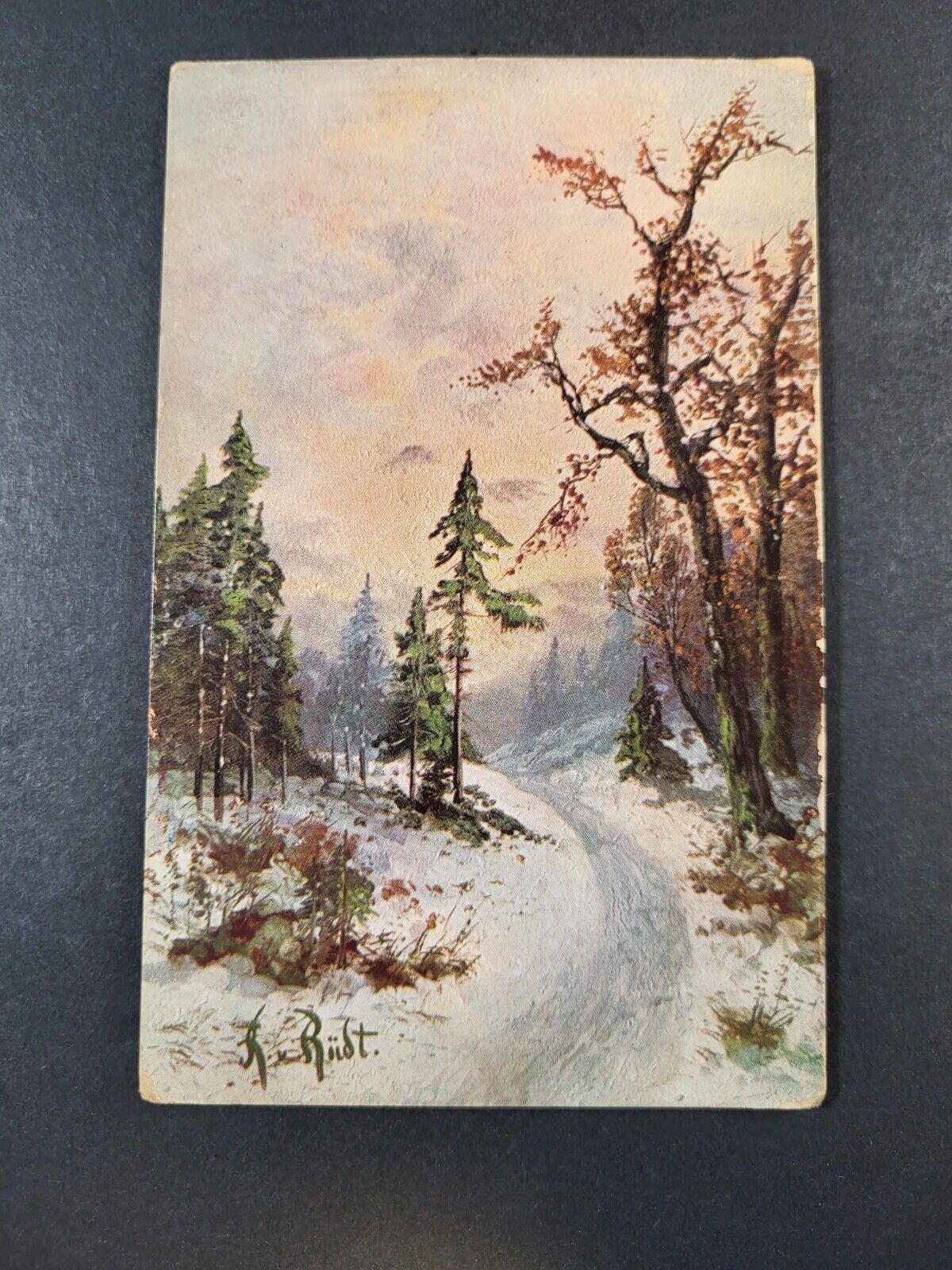Postcard Vintage 20th Century Scene Of Snow Filled Country Road And Tree Line