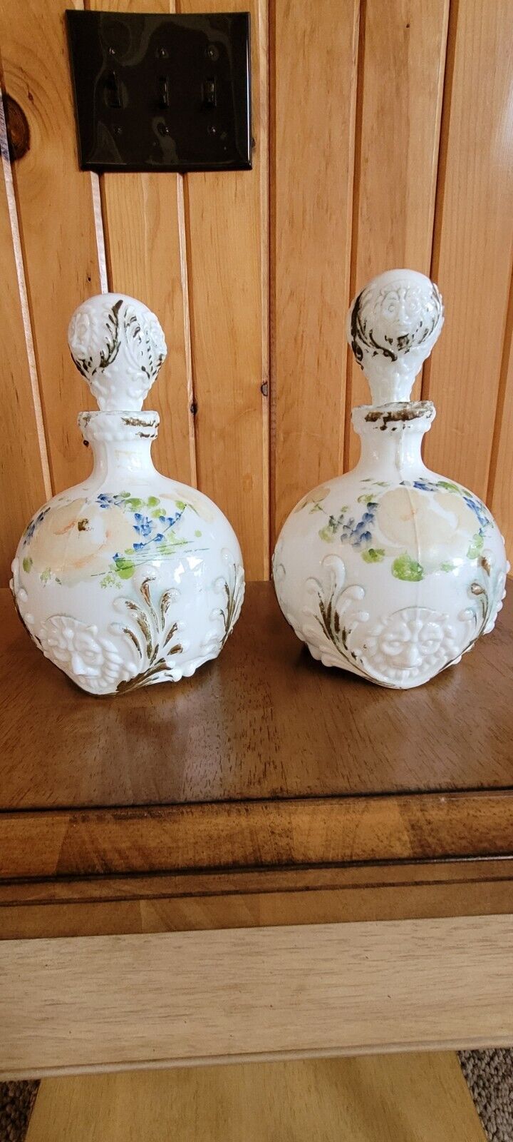 Matching Victorian Milk Glass Decanters With Lions and Lion Head Stoppers