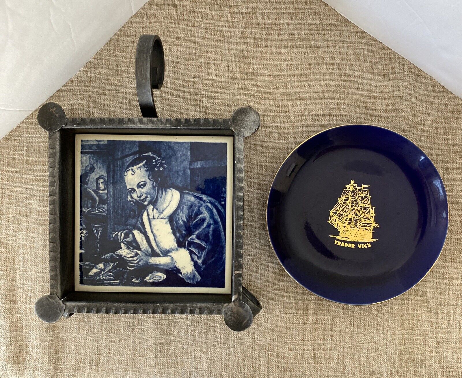 Girl Eating Oysters Tile Metal Ash Tray? Trader Vic Small Plate Read Description