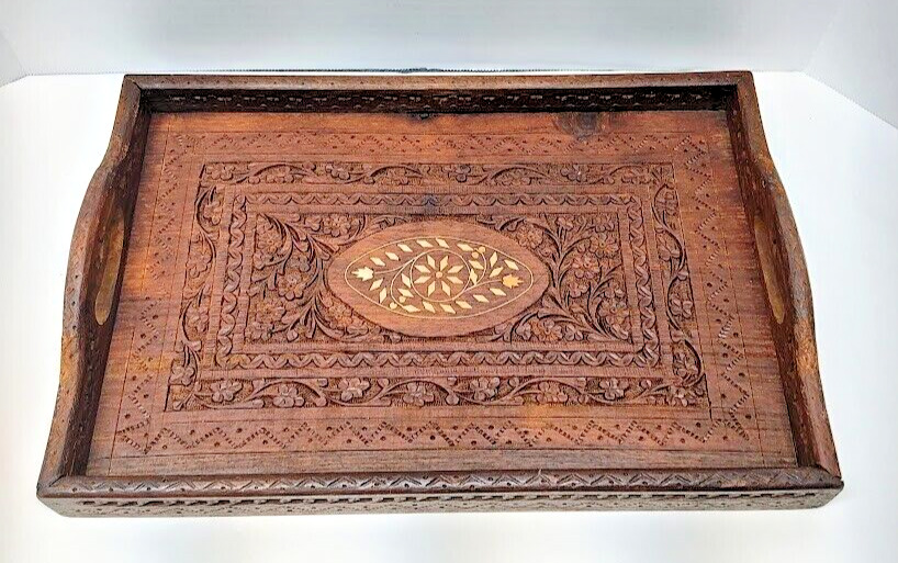 Vintage intricately Hand Carved Wooden inlaid Handled India Serving Tray 15\