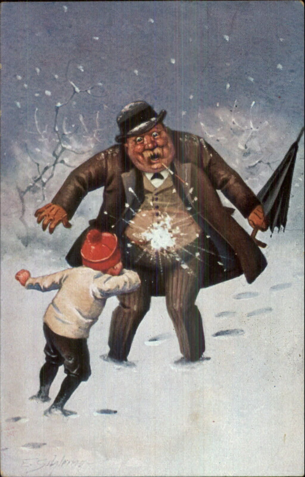 Boy Hits Fat Obese Man in Stomach w/ Snowball c1910 Postcard