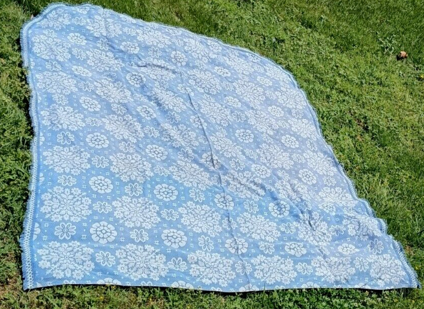 VTG 70's Retro Sears Roebuck Lexington Large Blue Floral Throw Blanket Bedspread
