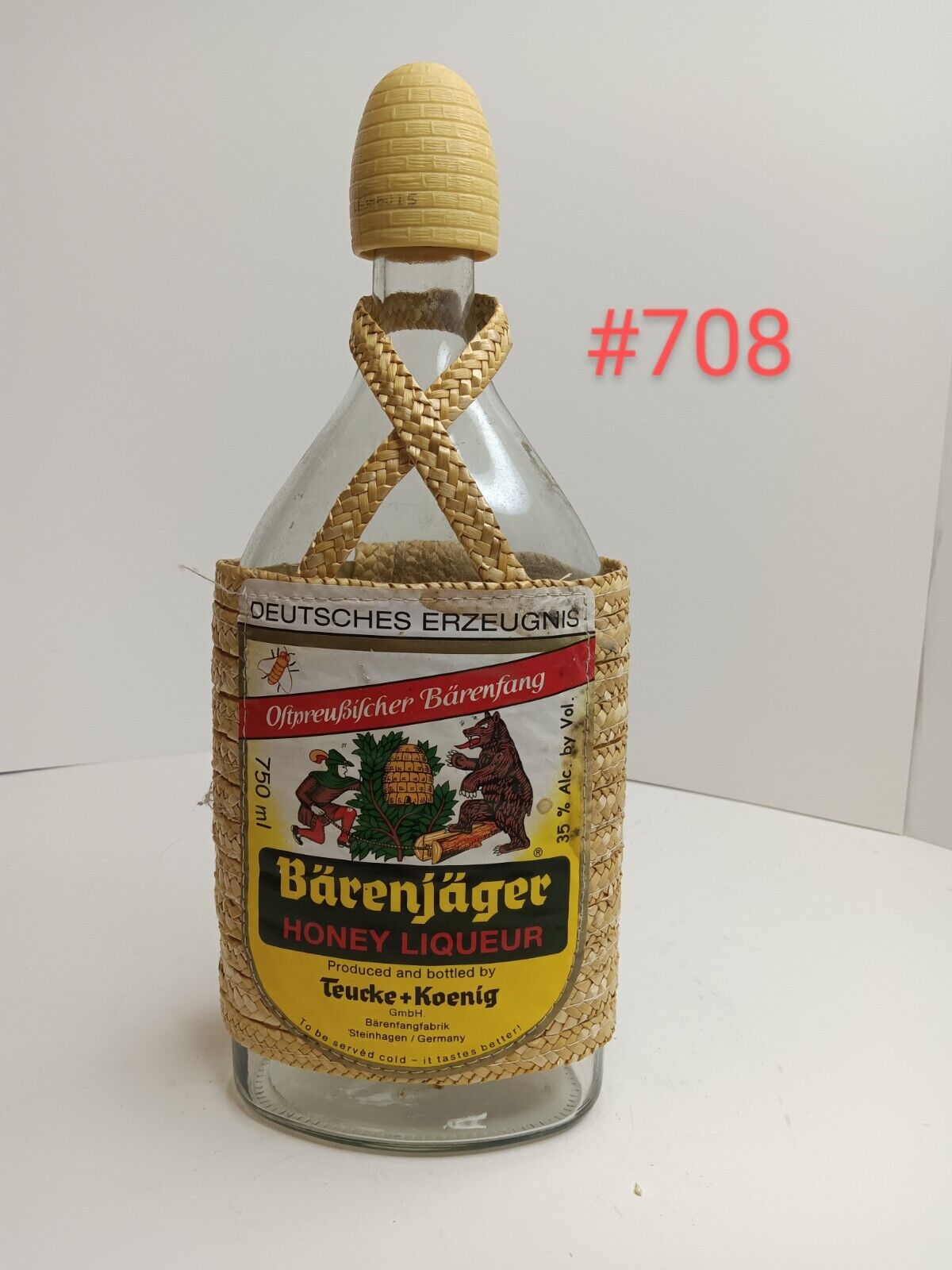 Vintage BarenJager Honey Liqueur Bottle with Woven Straw Wrap 750ml Germany