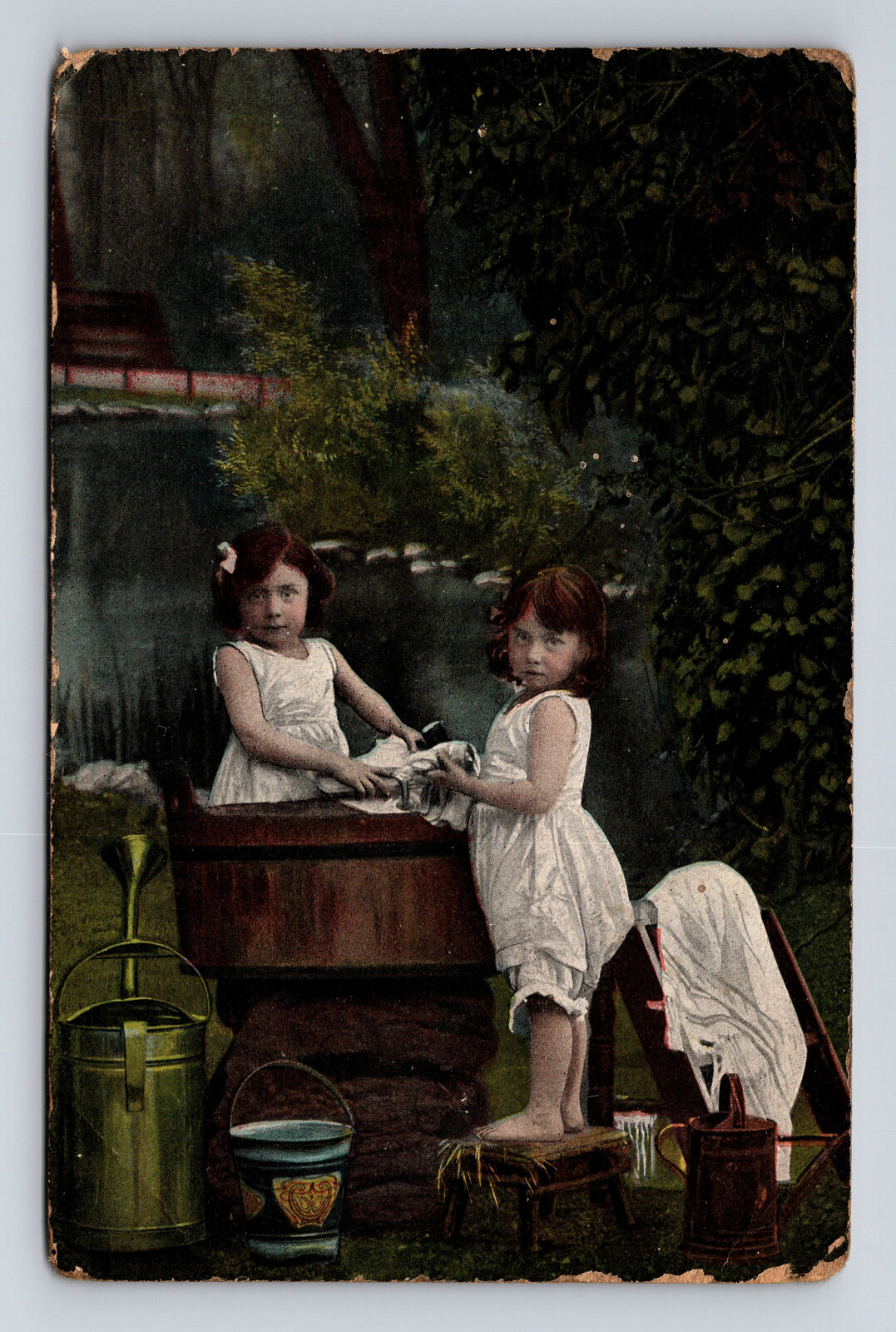 1908 European Girls Hand Washing Laundry in Garden Postcard