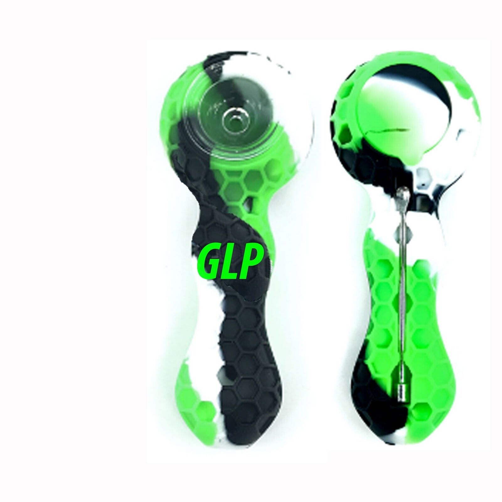 Unbreakable Silicone Tobacco Smoking Pipe w/ Glass Bowl BLACK Green & WHITE