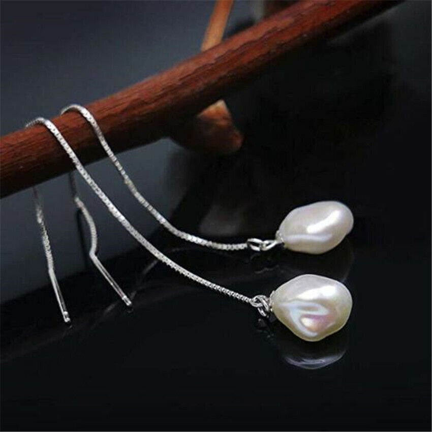 Fashion 11-12mm White Baroque Pearl Earrings 18k Ear Stud Earbob AAA Natural
