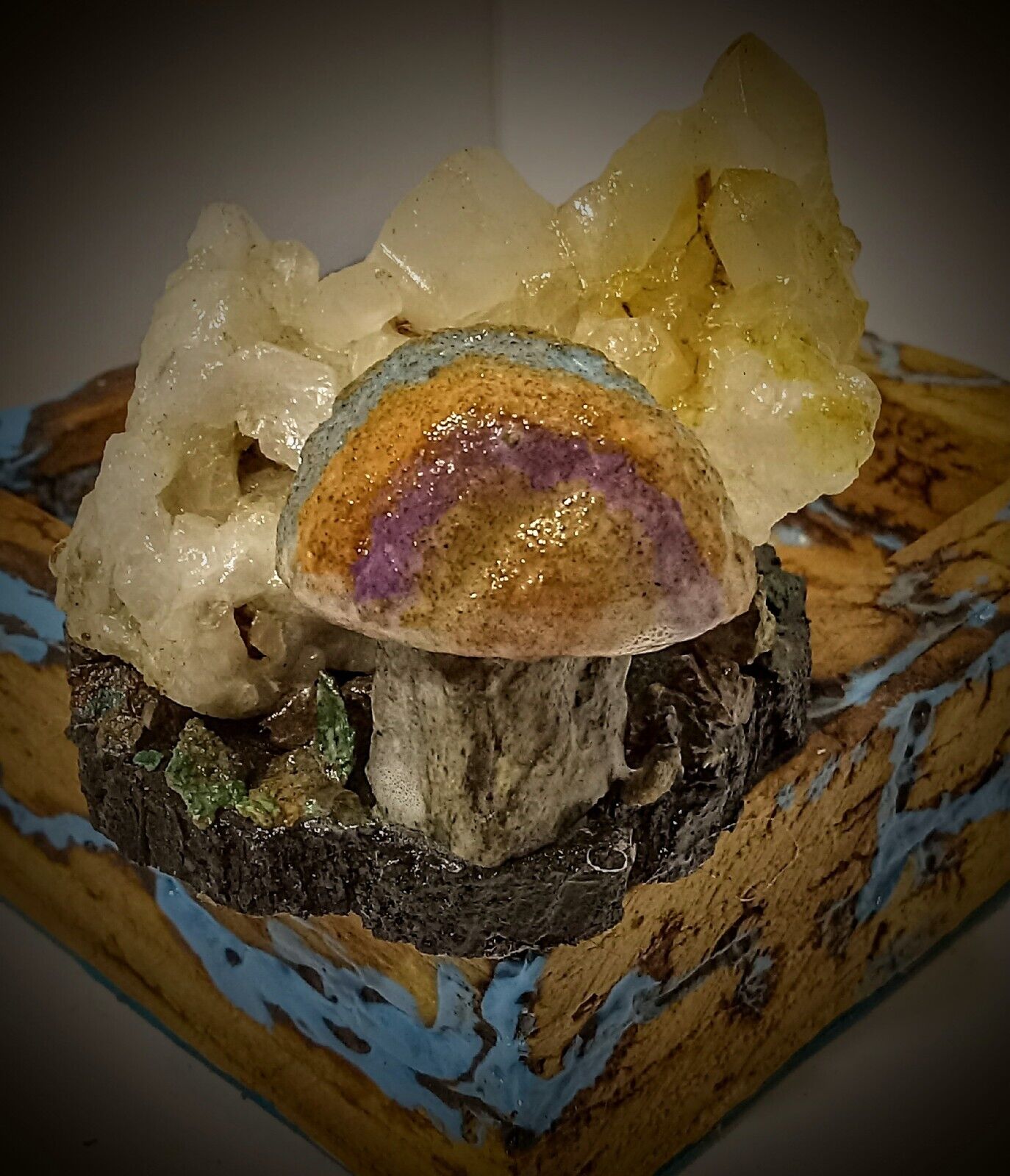 Handmade Stone Mushroom Sculpture Fractal Burnt Wood Box Thunder Egg Az. Crystal