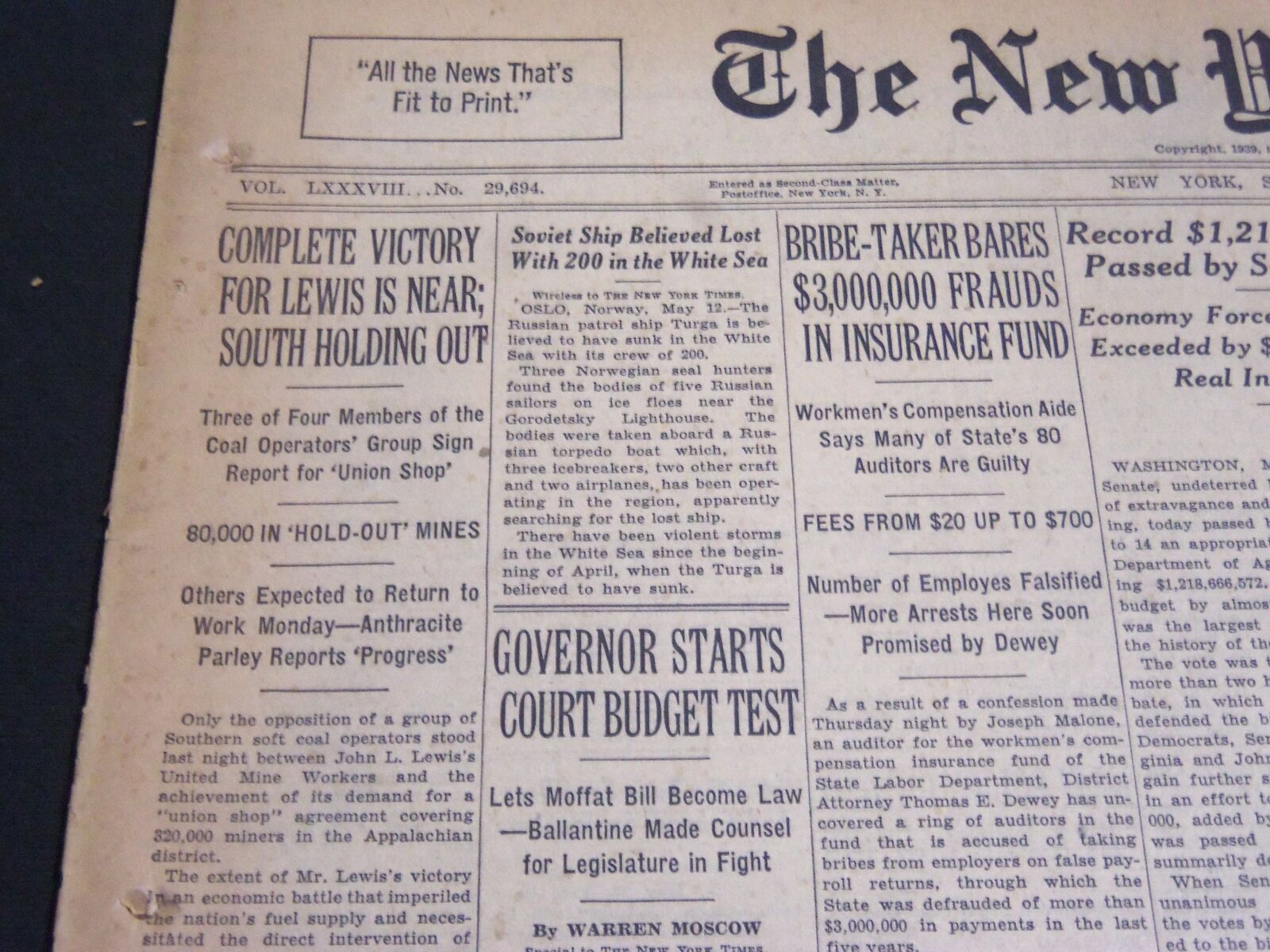 1939 MAY 13 NEW YORK TIMES - COMPLETE VICTORY FOR LEWIS IS NEAR - NT 6850