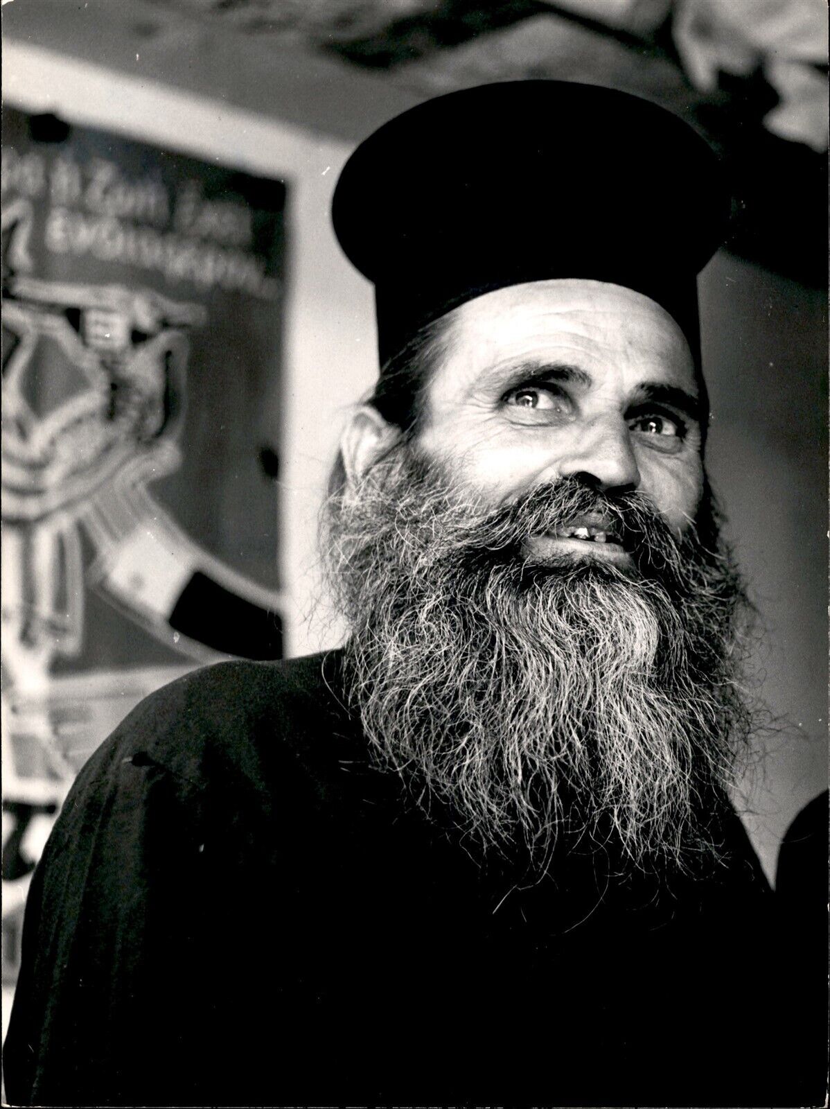 LV98 Original Photo EASTERN ORTHODOX GREEK POPE Black Robes Cap Long Beard Smile