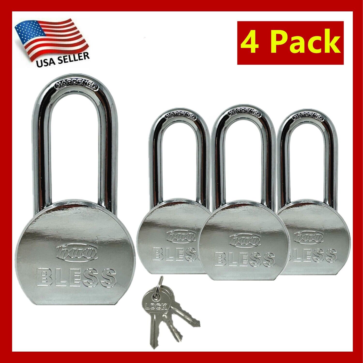 4 Pack Heavy Duty Long Master Lock Steel Maximum Protection Padlock with 3 Keys