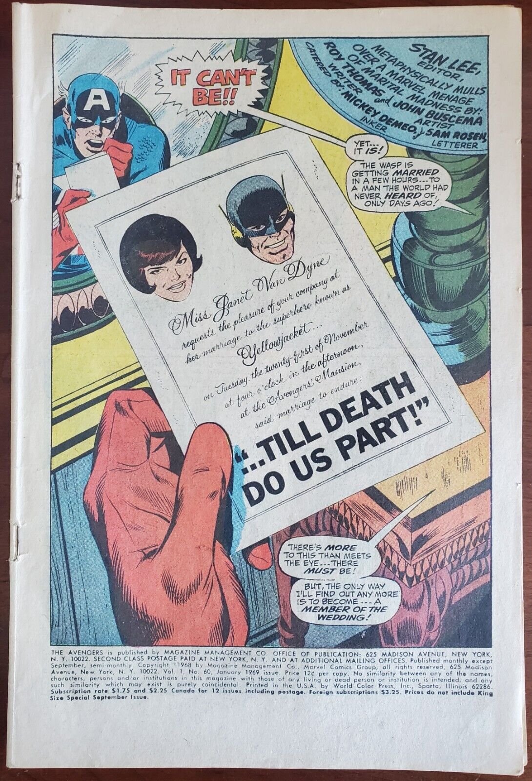 Avengers #60 Poor  .5 (Marvel 1968) ~ Wasp & Yellowjacket\'s Wedding ✨