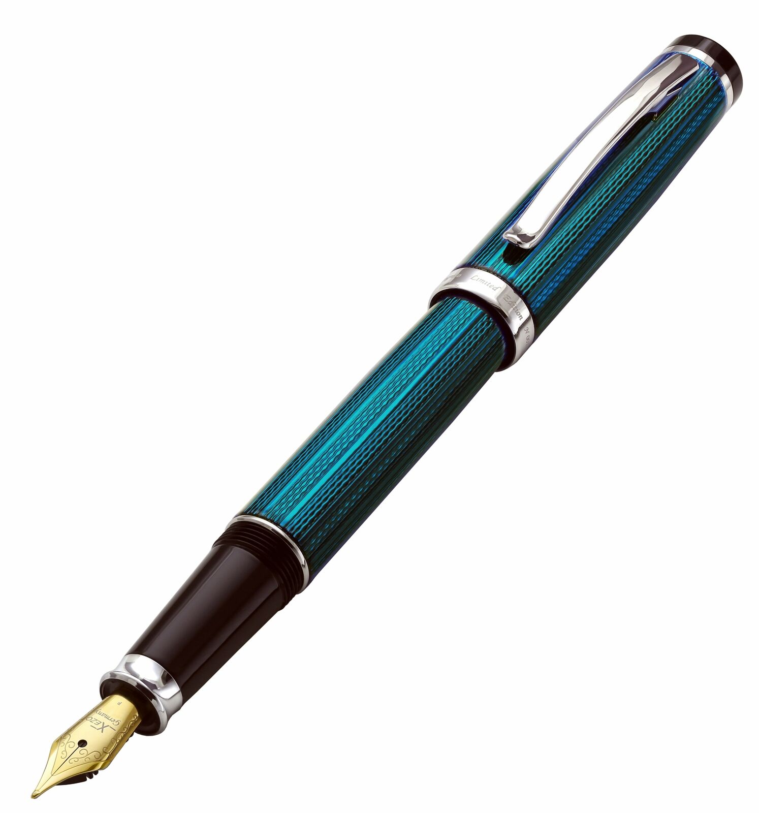 Xezo Handcrafted Incognito Blue Fountain Pen, FINE Nib. Platinum Pl. Diamond Cut